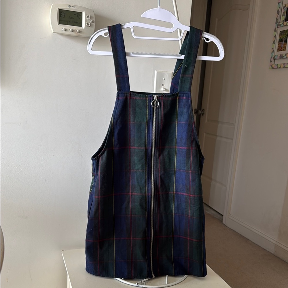 Forever 21 Navy and Green Plaid Zip-Front Pinafore mini Dress